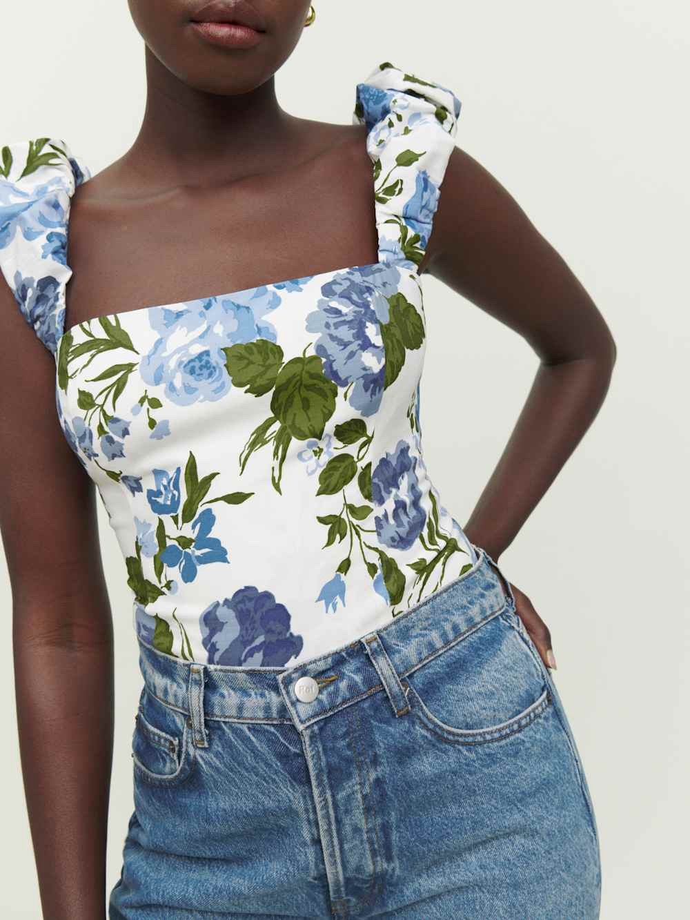 Reformation White Floral Square-Neck Crop top with Puffed Straps
